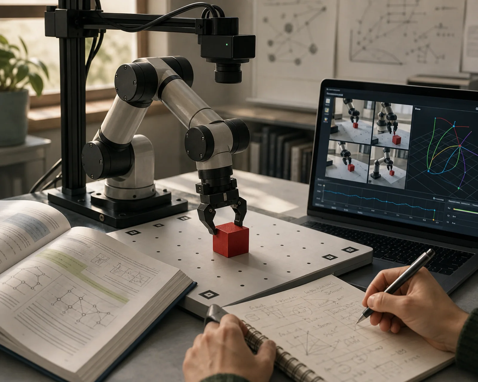 Generated illustration of a robot-arm experiment beside a paper, notebook, overhead camera, and model traces on a laptop.